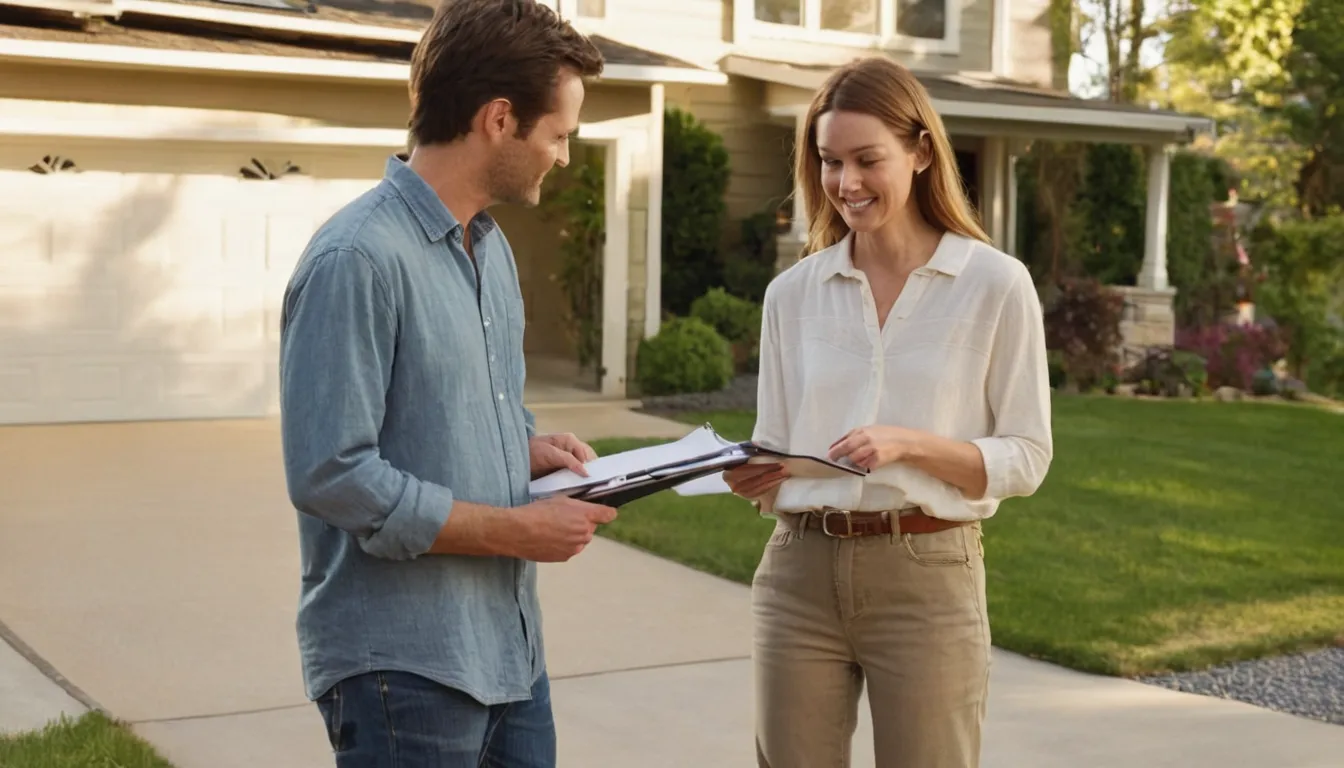 A homeowner and provider discussing a written quote near a split-level house in the La Plata area