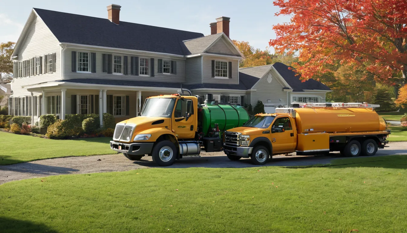 Septic tank pumping truck parked beside a colonial home in La Plata while a provider checks the tank lid