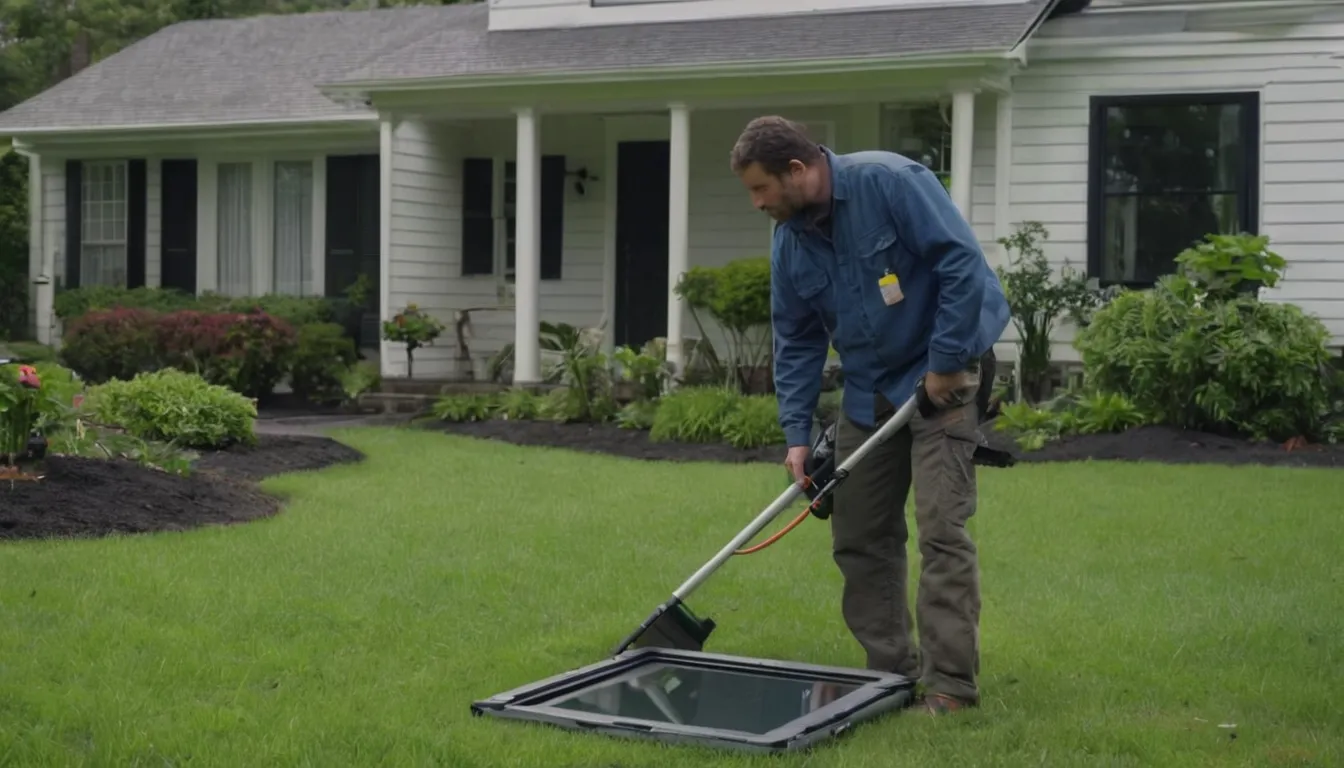 Local sewer line provider reviewing a camera inspection screen with a homeowner in a yard in La Plata